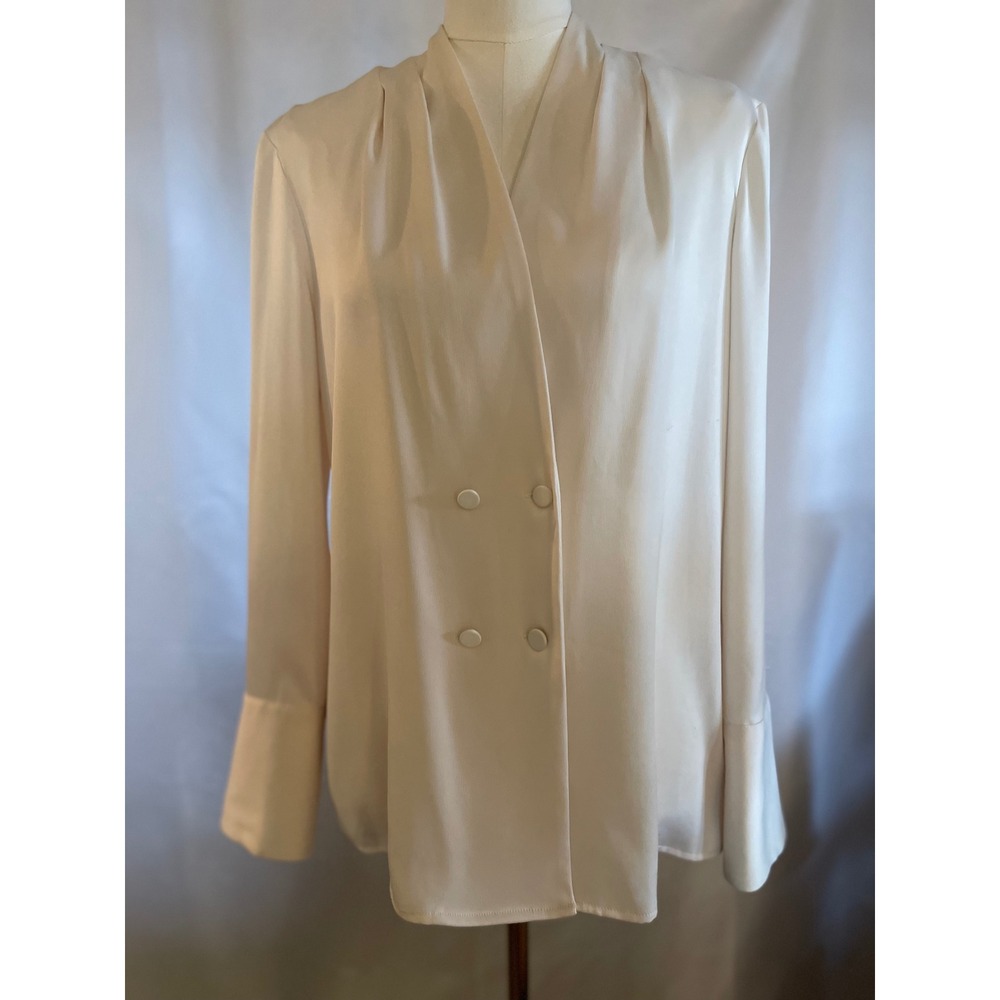 Prologue Womens Cream Satin Double Breasted Blouse Long Sleeve V-Neck Top Small